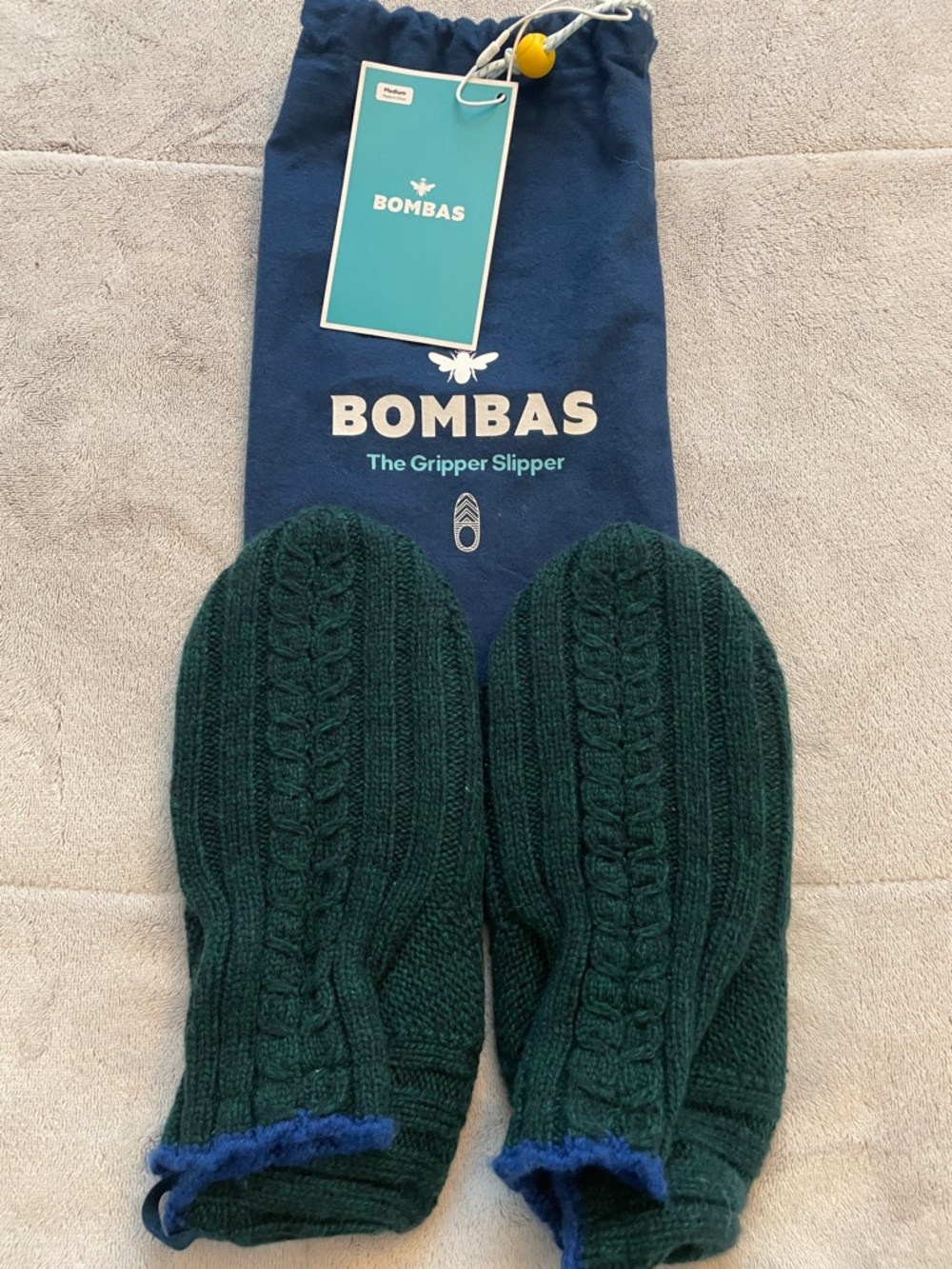 Bombas Dark Green Cable Knit Gripper Slipper Socks